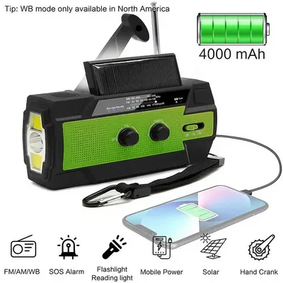 Portable solar hand crank AM/FM radio (for survival), rechargeable battery-powered radio, USB