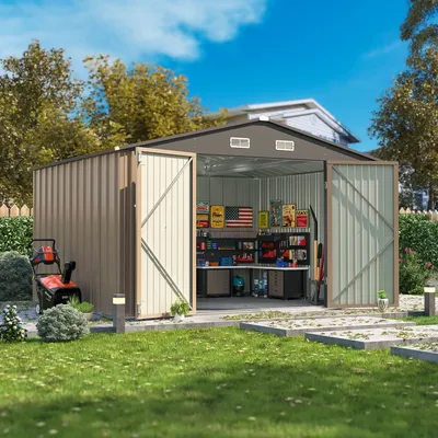 10' X 8' Metal Outdoor Storage Shed, Steel Garden Shed With Lockable Door, Utility And Tool Storage