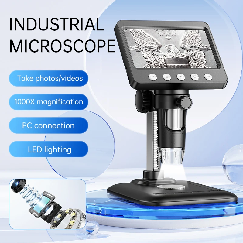 4.3'' Digital Microscope 1000X Coin Microscope 1080P Video Microscope forAdult Soldering Built-in Storage Compatible Windows/Mac