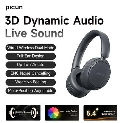 Picun B5 Wireless Headphones Bluetooth 5.4 HIFI Headset 40MM 3D Sound ENC HD Mic 72H Foldable Wired