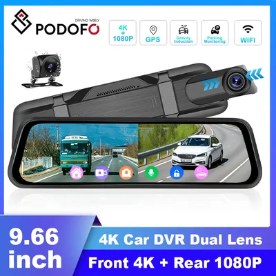 Podofo 4K Car DVR 9.66" Car Recorder Dual Lens WiFi Touch HD Rearview Mirror With Rear Night Vision