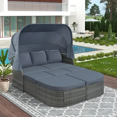 Outdoor Patio Furniture Set, Daybed Sunbed with Retractable Canopy, Wicker Furniture Sofa Set Patio