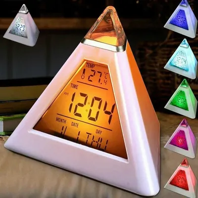 Digital Pyramid LCD Alarm Clock 7Color Changing NightLight Time Temperature Display Clock with Music