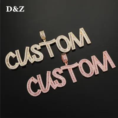 D&Z Custom Name Pendant Baguette Letters Pendant Gold Color Charm AAAA Zirconia Men's Hip Hop