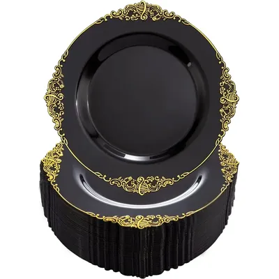 100PCS Black and Gold Plastic Plates - 10.25Inch Black Disposable Plates - Black Plastic Dinner