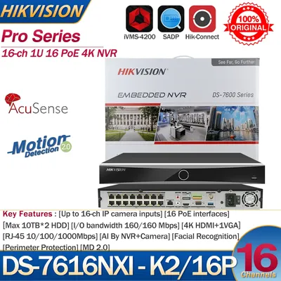 Hikvision NVR 16-ch PoE AcuSense 4K NVR DS-7616NXI-K2/16P 16-ch Camera inputs Network Video Recorder