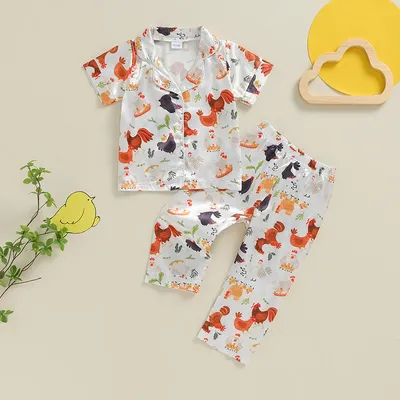 2024-04-29 Lioraitiin Toddler 2Pcs Pajamas Set Short Sleeve Rooster Print Button Down Shirt and