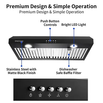 Tieasy 600CFM 30 inch Kitchen Under Cabinet Black Cook Fan with LED Light Range Hood US0475