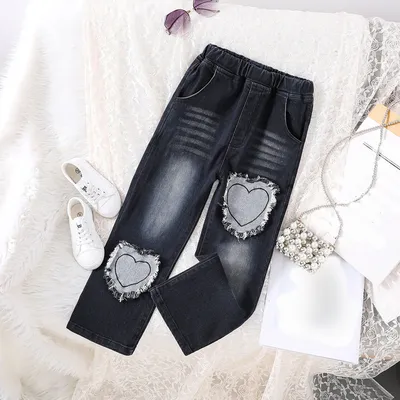 Girls Jeans 2024 Spring Autumn New Paste Cloth Five-pointed Star Straight Denim Pants Trendy