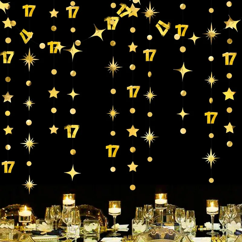 Goldene Dekorationen zum 17. Geburtstag, Nummer 17, Kreis, Punkt-Stern-Girlande, Banner-Hintergrund für Mädchen, 17-jähriges Geburtstagsparty-Zubehör Image