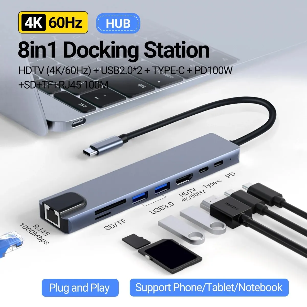 USB C Hub 4K@60Hz Ethernet, 8in1 USB C Hub Multi-Port Adapter, USB C zu HDMI Docking Station Typ C Adapter USB C Dongle Compati Image