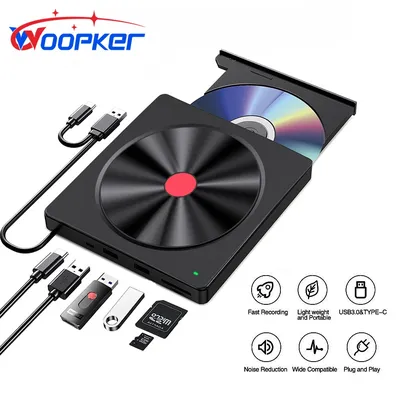 Woopker B52 DVD-Player 5-in-1 Multifunktionaler tragbarer 5-in-1 USB3.0 Typ C Externer DVD RW CD-Brenner für MacBook, IMac, Computer