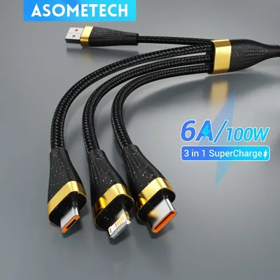 Asome tech 3 in 1 USB-Ladekabel 6a 100w für Huawei/Honor tragbares Micro-USB-Typ kabel Ladekabel für iPhone 14 Samsung Image