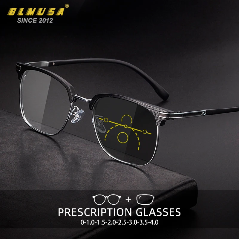 BLMUSA Lesebrille Männer Vintage Textur Multifokale Photochrome Brille Anti Blaues Licht Progressive Anpassung Gläser Image