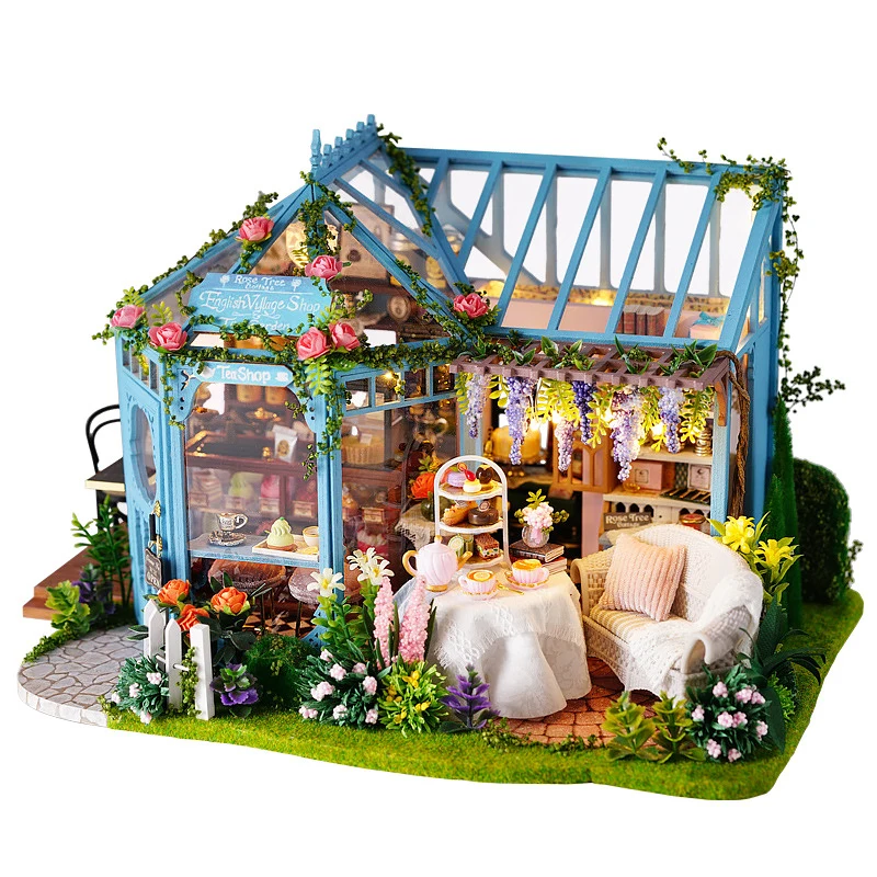 Puppenhaus-Set aus Holz, handgefertigtes Gebäudemodell, Blumengarten, 3D-Puzzle, Montagespielzeug, Miniatur-Puppenhaus mit Möbelbeleuchtung