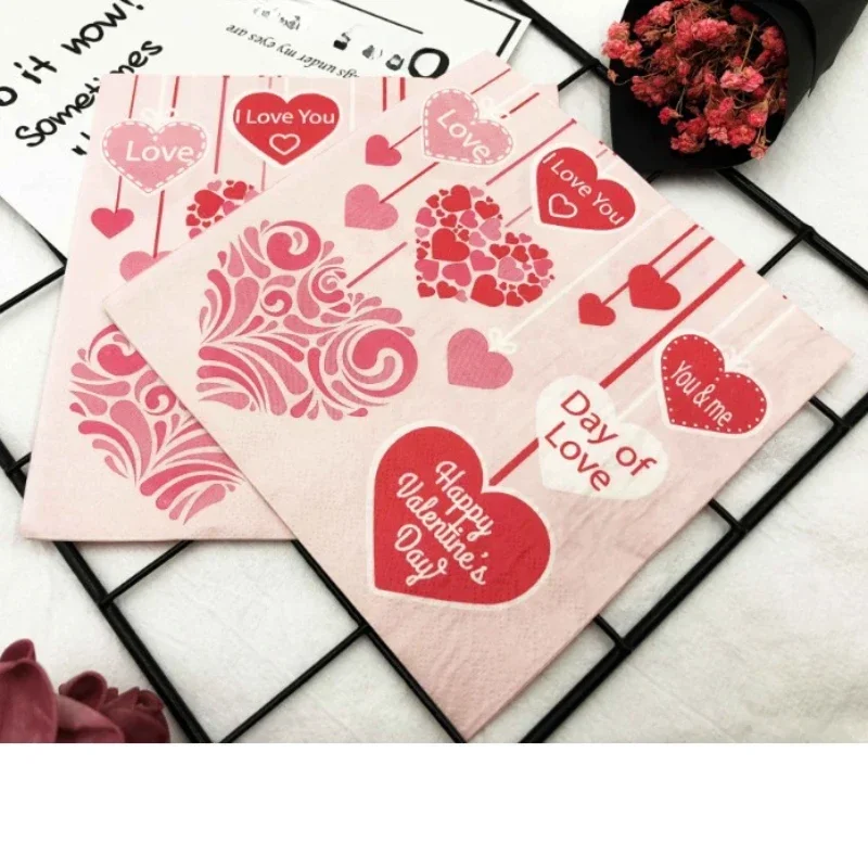 Herzförmige, bunt bedruckte Serviette, Hochzeit, Valentinstag, Gesichtstuch, Vorschlag, Dekoration, Weinglas, Blumenpapier, 20 Stück/P