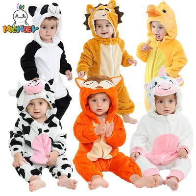 MICHLEY Baby Rompers Winter Clothes Costume Flannel Hooded Bodysuits Pajamas Halloween Animals