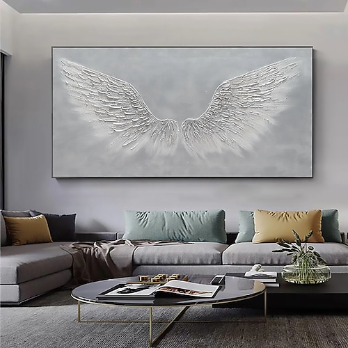 Goldenes Flügelgemälde, 100 % handgefertigt, weiße Engelsflügel, Ölgemälde, handgefertigt, strukturiertes Federgemälde, abstraktes Acryl-Ölgemälde für Wanddekoration, Wohnzimmer, modernes Kunstwerk Image