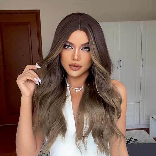 Haircube Ombre-Braun, lange gewellte Perücken mit Pony, kastanienbraun, schwarz, blond, weiß gewellt, Perücken mit natürlichem Haaransatz für Frauen, Barbiecore-Perücken Image