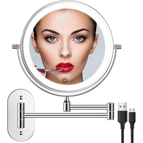 wiederaufladbarer, an der Wand montierter, beleuchteter Schminkspiegel mit Licht, 8 Zoll, doppelseitig, 10-fach vergrößernder Badezimmerspiegel, 3-farbige Beleuchtung, Touchscreen-Dimmung, Image