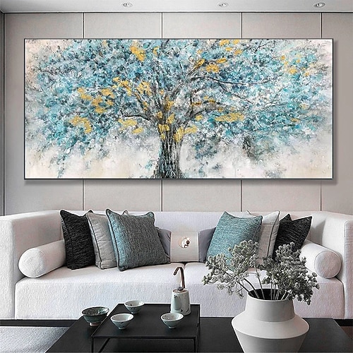 extra großes handgemaltes abstraktes Blumenölgemälde handgemachte Wandkunst große Spachtellandschaftsgemälde Frühlingsgold-Bule-Blumengemälde moderne dekorative Baumgemälde Raumkunst Image