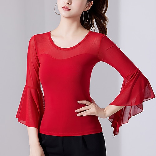 Latein-Tanz oben Print Pure Farbe Farbaufsatz Damen Leistung Ausbildung 3/4 Ärmel Hoch Polyester Image