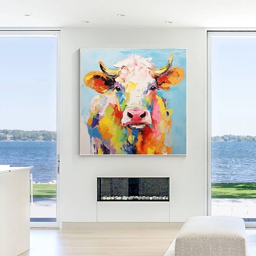 Ölgemälde mit Kuhtieren, 100 % handgemalt, strukturiertes Kuhgemälde, abstraktes, farbenfrohes Tierölgemälde, Wanddekoration, Kuhgemälde für Wohnzimmer, Bürodekoration, Wandkunst Image