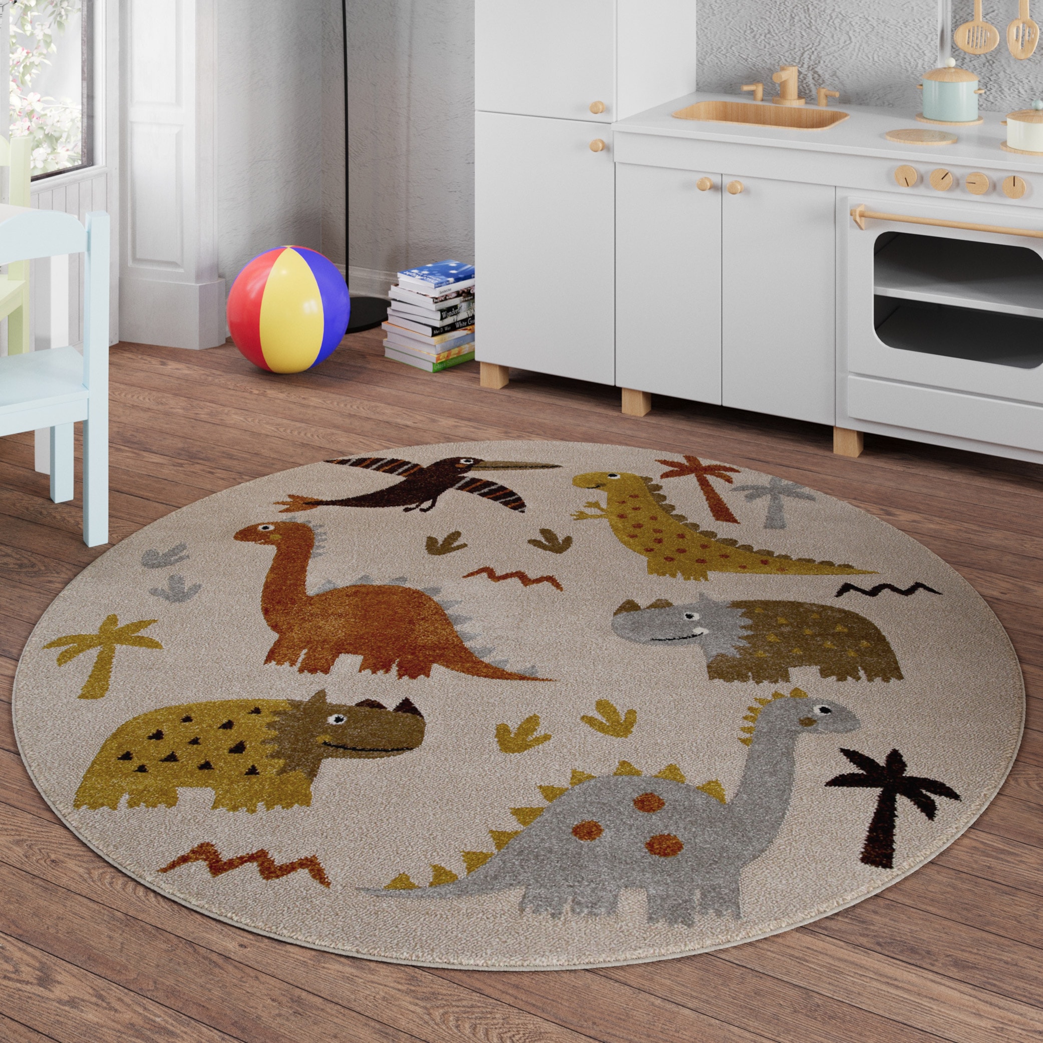 Kinderteppich SMART KIDS "T-Rex & Friends", beige (sand,beige,bunt), H:10mm Ø:120cm, Polypropylen, Teppiche, Moderner Spielteppich, strapazierfähig, pflegeleicht, Konturenschnitt Image