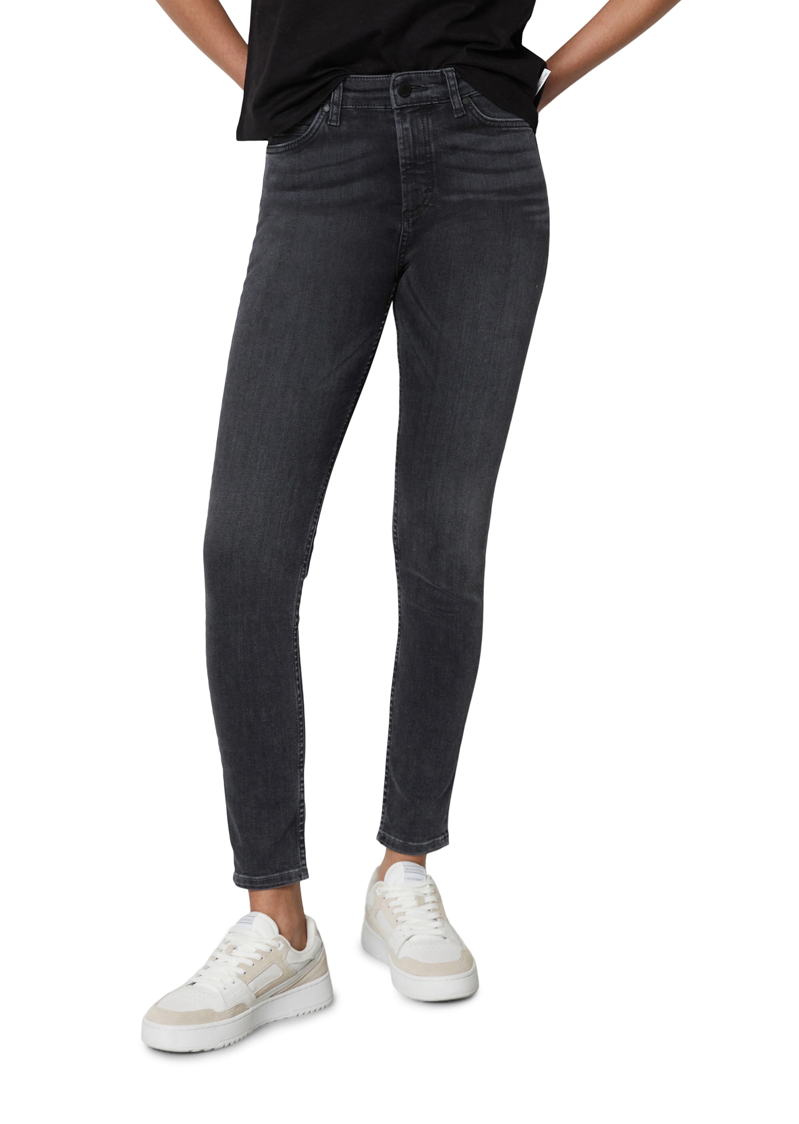 Skinny-fit-Jeans MARC O'POLO DENIM "aus Bio-Baumwoll-Mix", Damen, Gr. 28, Länge 34, bunt (dunkelgrau), Obermaterial: 70% Baumwolle, 24% Polyester, 6% Elasthan, unifarben, skinny fit knöchellang, Jeans Image