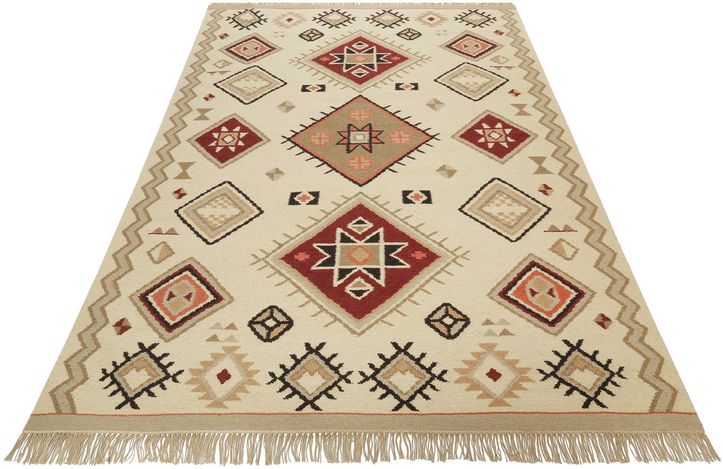 Teppich GREEN LOOOP "Brionne GL-82102", beige, B:80cm H:5mm L:150cm, Baumwolle, Schurwolle, Teppiche, handgewebter Naturfaserteppich aus 80% Wolle 20% Baumwolle, Fransen Image