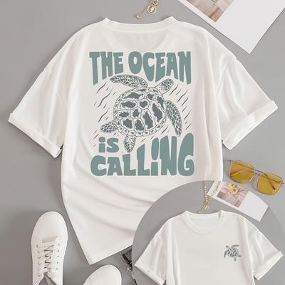 TEMU Turtle & Letter Print Crew Neck T-shirt, Short Sleeve Casual Top For Summer & Spring, Women's Clothing Image