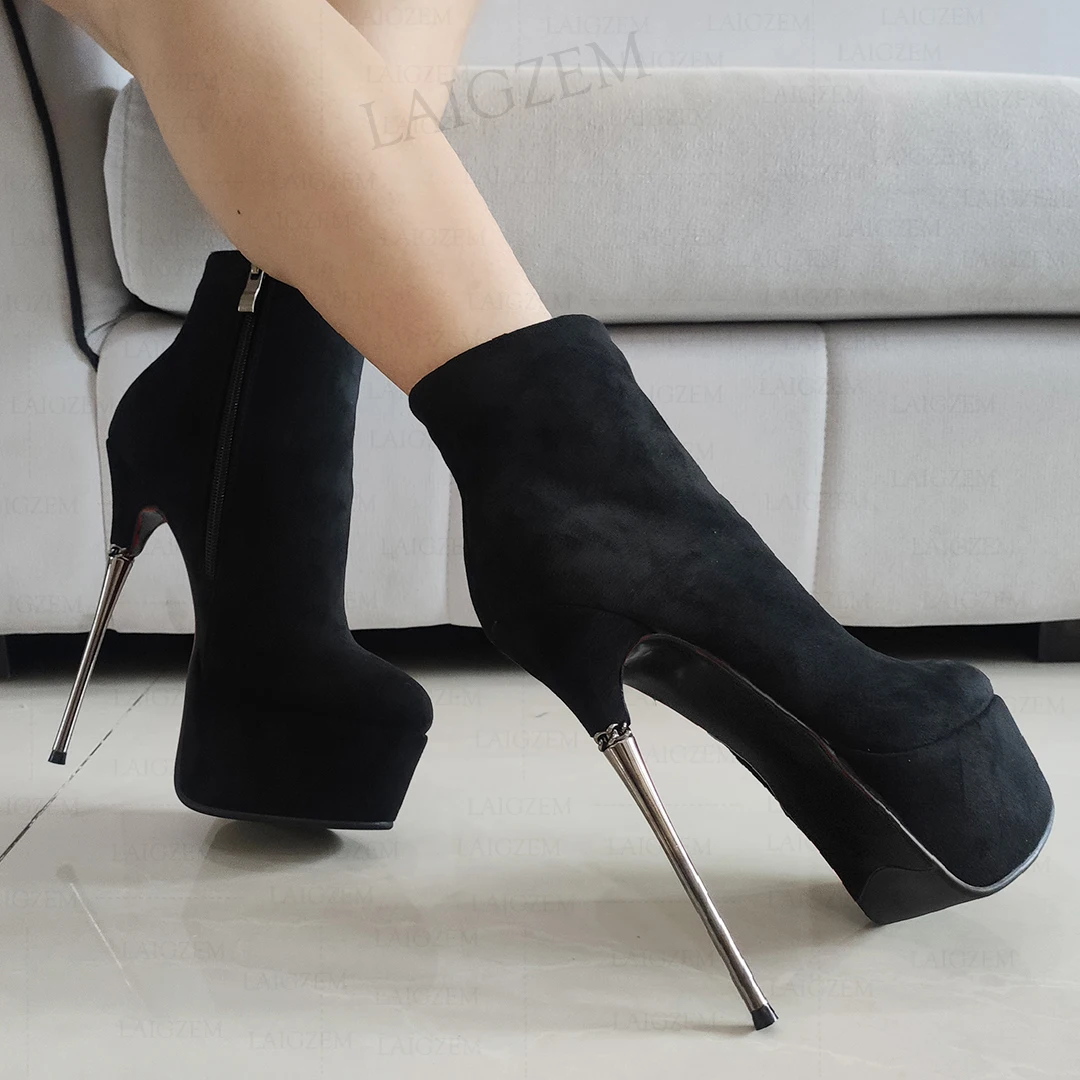 LAIGZEM Frauen Stiefeletten Echt Wildleder Plattform Zip Up Siletto High Heels Stiefel Party Club Dance Damen Schuhe Frau Größe 35 37 39