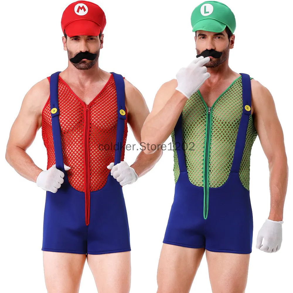 Halloween Erwachsenen Anime Cosplay Kostüm mit Hut Männer sexy Kostüm rot blau Klempner Bruder Phantasie Set Karneval Party verkleiden