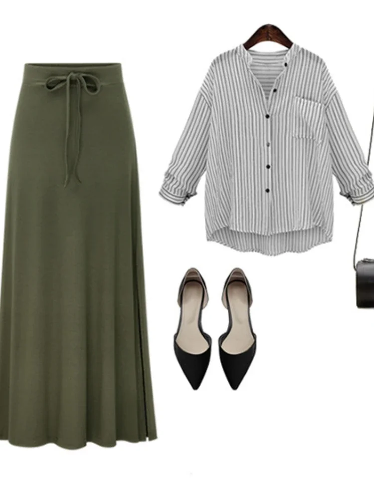 Plus Größe Baumwolle Elastische Taille A-linie Röcke Casual Herbst Mittlere Länge Frauen Röcke 2023 Hüfte Dünne Weibliche Lange Schuppen Bowknot Röcke