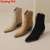 Krazing Pot Große Größe 42 43 Kuh Wildleder Chunky High Heels Western Stiefel Winter Warme Schuhe