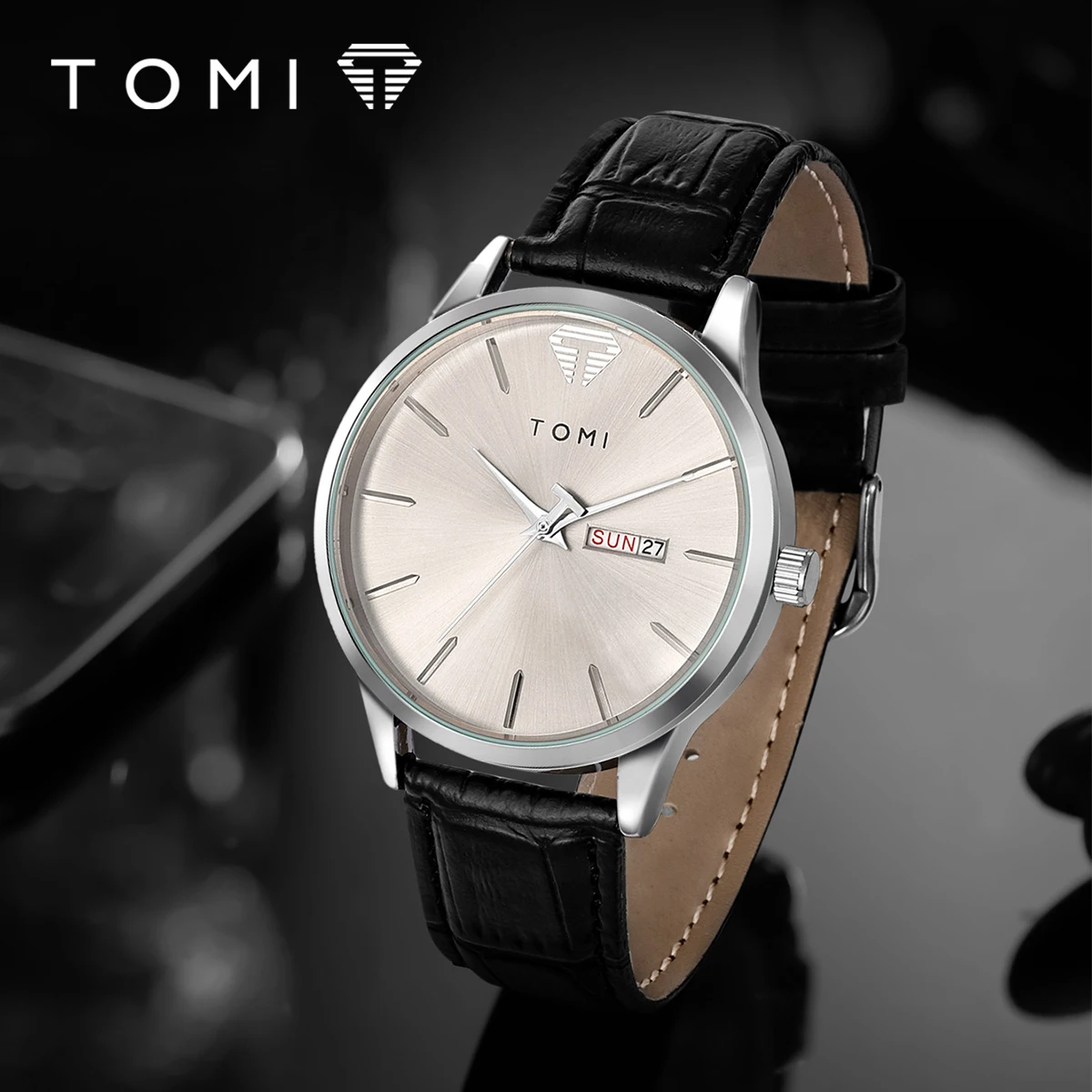 TOMI Uhr im minimalistischen Stil für Männer und Frauen mit einfachem kreisförmigem Zifferblatt, minimalistische Herren-Freizeit-Quarzuhr, Geschenk Image