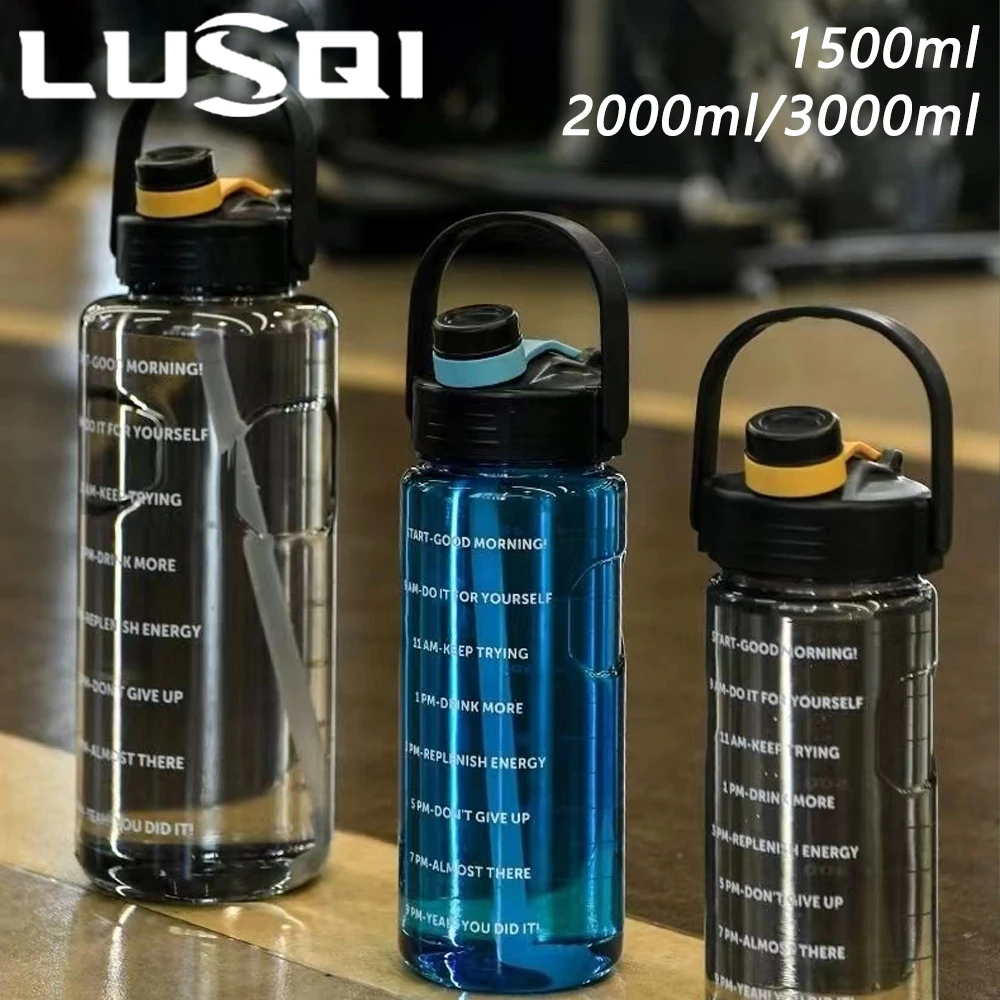 Lusqi 1,5 l/2l/3l Flasche Sport wasser becher mit großer Kapazität auslaufs icher mit Stroh plastik und Zeitstempel für Outdoor-Sportarten zu Hause Image