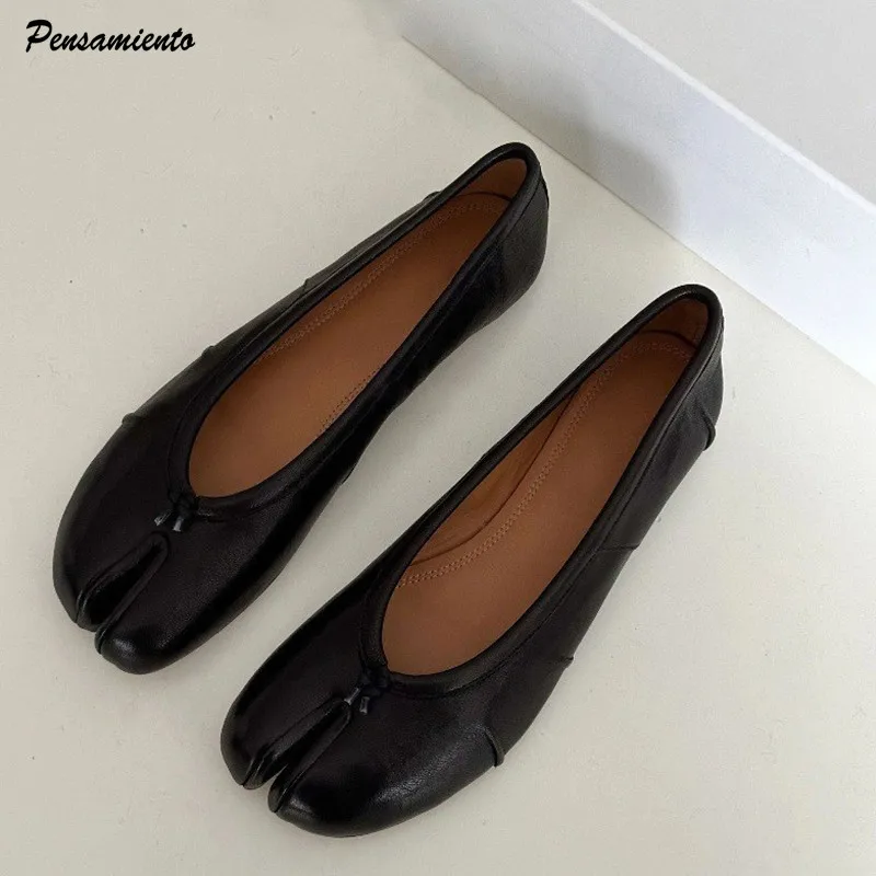 Mode Weichem Leder Split Toe Frauen Tabi Ballerinas Frühling Herbst Bequeme Faul Faulenzer Casual Mädchen Tanz Schuhe Image