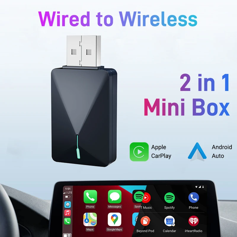 2-in-1-Mini-Box, kabelgebunden mit kabellosem CarPlay und Android Auto, 5 GHz, WiFi5-Übertragungsgeschwindigkeit, Plug-and-Play, modisch und tragbar Image