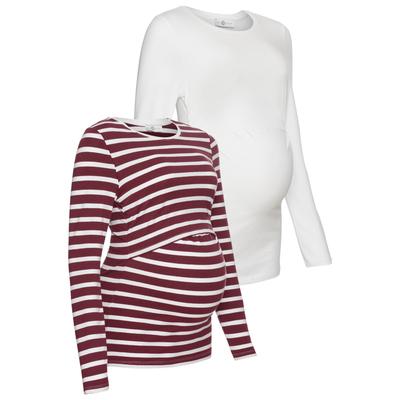Umstandsshirt NEUN MONATE "2er Pack Shirts für Schwangerschaft und Stillzeit", Damen, Gr. 44/46, rot (weiß, bordeaux geringelt), Jersey, Obermaterial: 95% Baumwolle, 5% Elasthan, unifarben, geringelt, Basic, figurbetont hüftlang, Rundhals, Langarm... Image