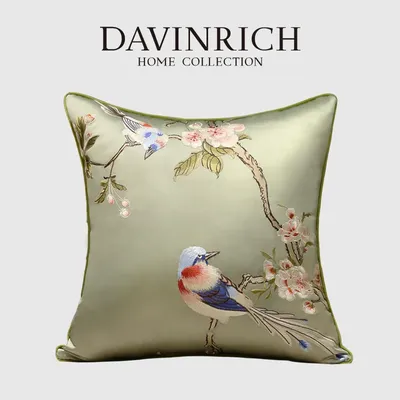DAVINRICH Kirschblüte Vögel Stickerei Kissen Abdeckung Retro Chinoiserie Sammlung Satin Wurf Kissen Image