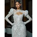 Vc Vintage transparente Spitze Blumen eng Mini kleid Luxus weiß sexy lange Ärmel kurzes Kleid Geburtstags feier elegant gow