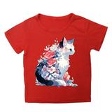 XYIJANI Tee Shirts Girls Summer Loose Casual Trendy Cute Cat Printed Short Sleeve T Shirt Top Tops (Red 120)