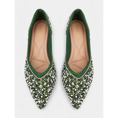 Women's Green Rhinestone Embellished Pointed-Toe Flats, Elegant Crystal Beaded Ballet Shoes, Perfect for Weddings, Parties, and Formal Occasions