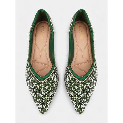 Women's Green Rhinestone Embellished Pointed-Toe Flats, Elegant Crystal Beaded Ballet Shoes, Perfect for Weddings, Parties, and Formal Occasions