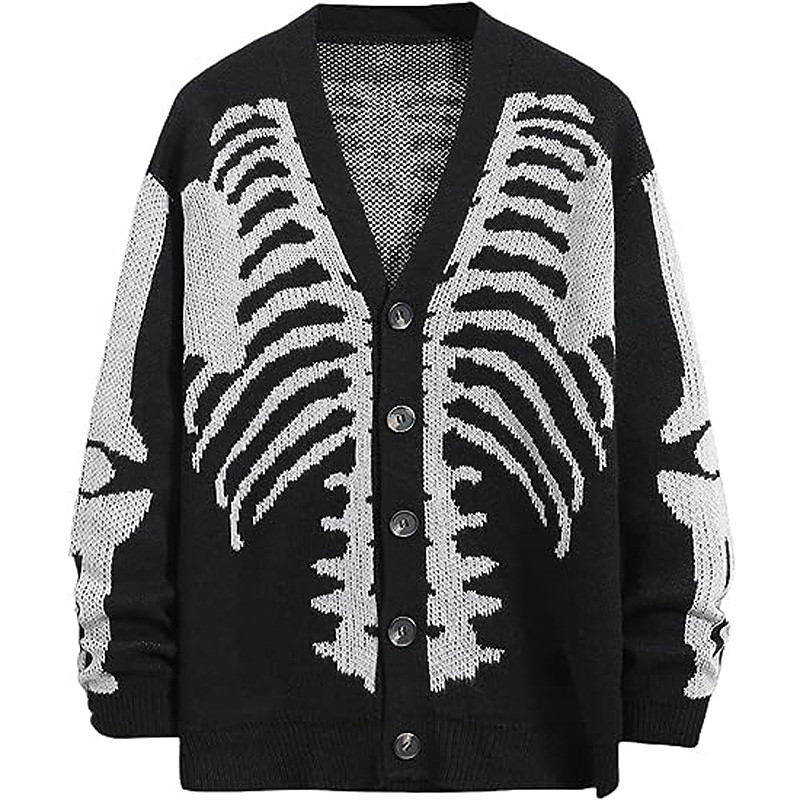 Men's Cropped Sweater Cardigan Sweater Jacquard Sweater Knit Sweater Ribbed Knit Regular Cool Skulls V Neck Fashion Classic Halloween Daily Wear Clothing Apparel Fall Winter Army Green Black S M L