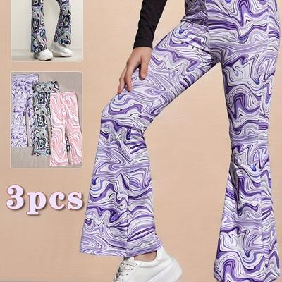 TEMU Stretchy Legging Set 3pcs Creative Tie Dye Pattern Flare Pants Set Trendy Pants Kids Gift