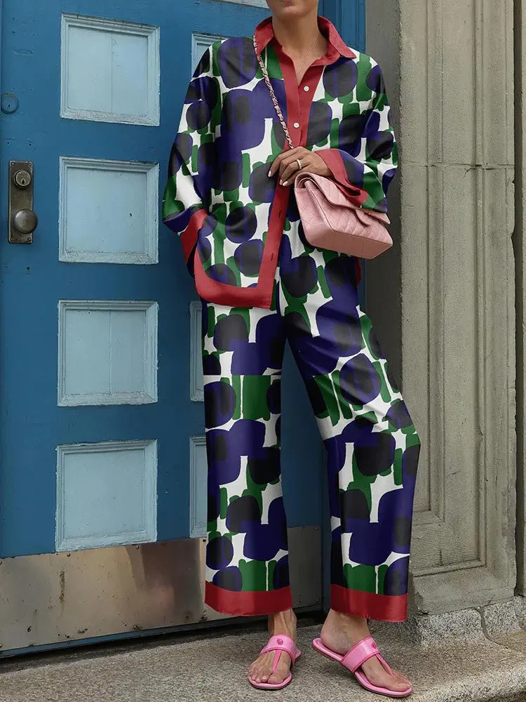 Pantalone con stampa alla moda set di due pezzi per donna 2024 primavera autunno camicia a maniche lunghe e set di pantaloni a vita alta abito Casual allentato per la casa