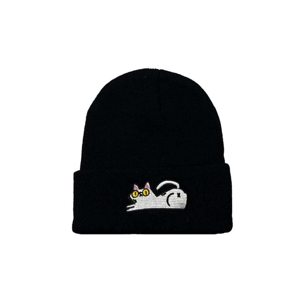 1 stücke neue Mode Unisex Mütze Cartoon Katze Stickerei Strick mütze Herbst Winter warme Schädel Mütze Mütze Hut Hip Hop Hut schwarz w
