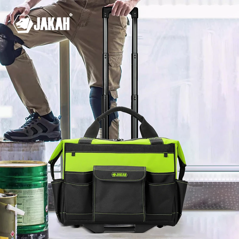 Jakah Robuster Rollwerkzeug-Organizer mit großem Fassungsvermögen, langlebige Tasche mit Rollen, Teleskopgriff, wasserdicht, für Baustelle und Heimwerkerprojekte Image